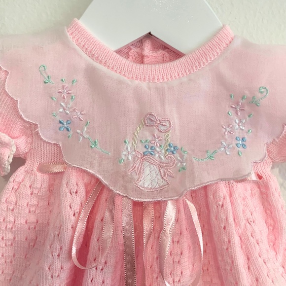 Baby Knit Dress & Bloomer Lovely Embroidered Easter Spring Flowers Y2K Pink 0-3M - Picture 3 of 3